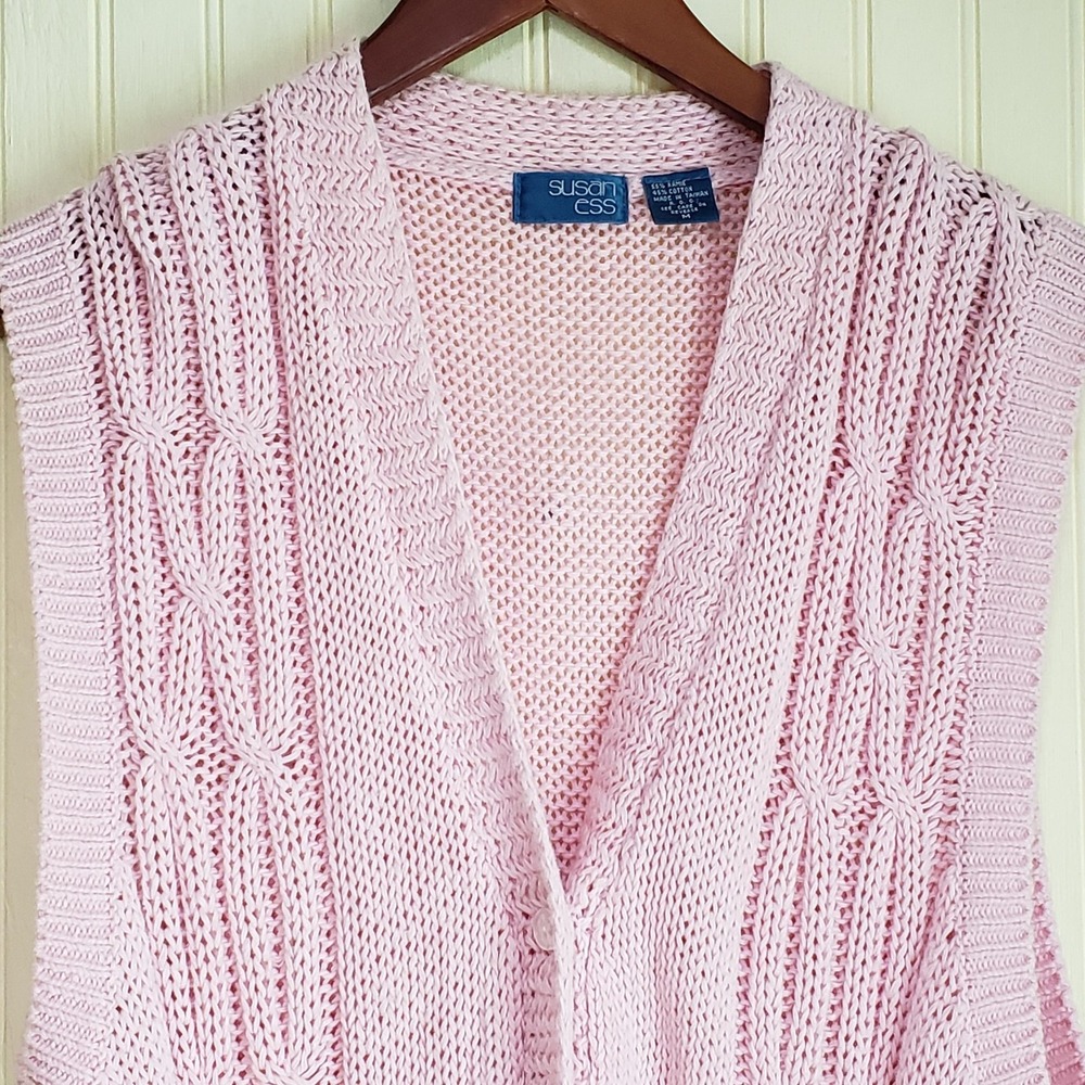 Vintage Susan Ess Sweater Vest Womens Medium Pink V Neck Cable Knit Button Front